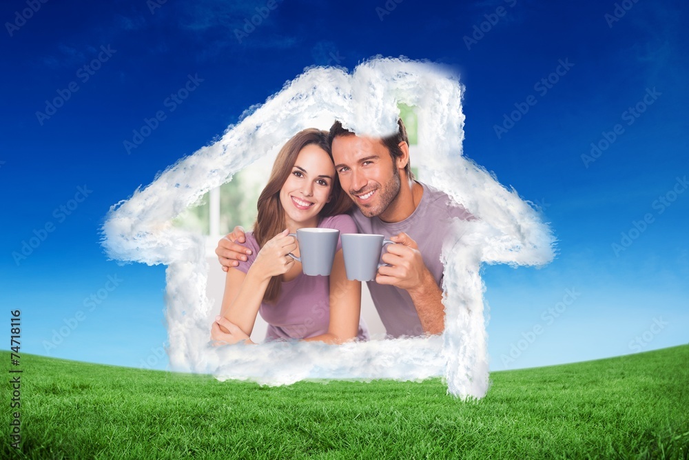 Poster composite image of couple looking at the camera with a coffee