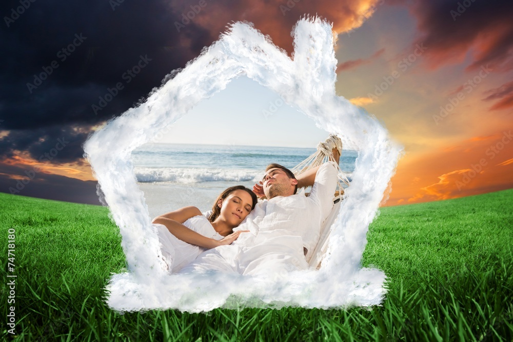 Poster Composite image of calm couple napping in a hammock