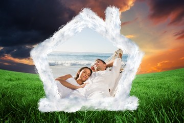 Fototapeta na wymiar Composite image of calm couple napping in a hammock