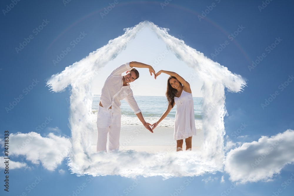 Poster composite image of romantic couple forming heart shape with arms
