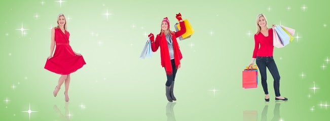 Composite image of happy blonde holding shopping bags