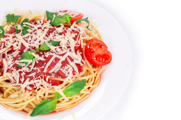 Spaghetti with tomato sauce basil and cheese.