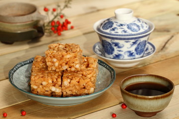 Chinese tea ceremony and tea, traditional pastry Sachima