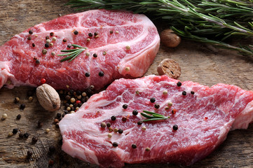 raw marble steak with herbs and spices