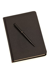 Leather notebook and pen isolated on the white background