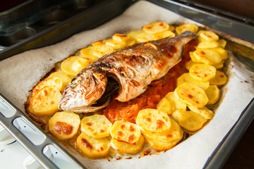 baked whole fish dorada with potato