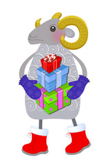 Овечка с подарками  изолированно на белом фоне .