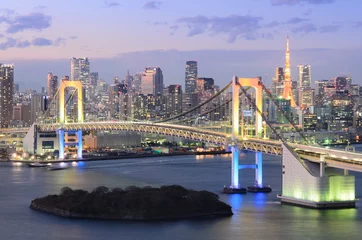 Selbstklebende Fototapeten Blick auf die Bucht von Tokio, die Rainbow Bridge und den Tokyo Tower © Wiennat M
