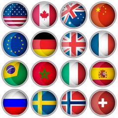 Set of glossy buttons or icons with flags popular countries