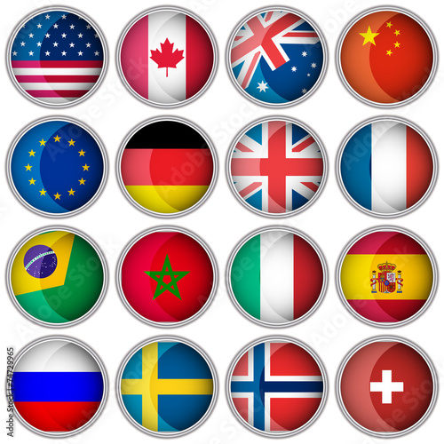 Set Of Glossy Buttons Or Icons With Flags Popular Countries Stock