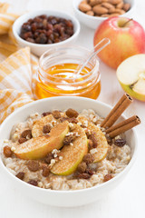 oatmeal with apples, raisins, cinnamon and ingredients on white