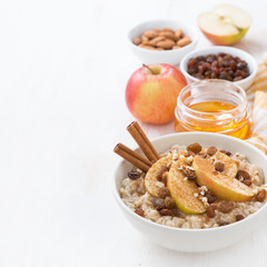 oatmeal with apples, raisins, cinnamon and ingredients on white