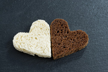 toasted rye and white bread in the form of heart