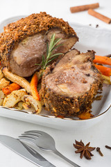 prepared meat with vegetables on white plate