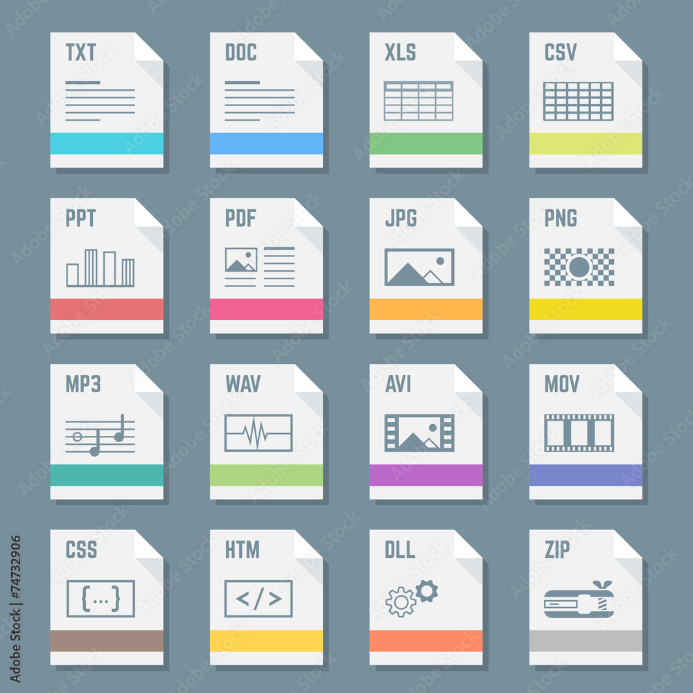 Fototapete vector flat light colors file formats icons with symbols