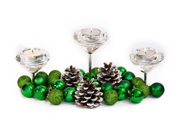 Christmas New Year Decoration Cadnles Green Balls Cones on White