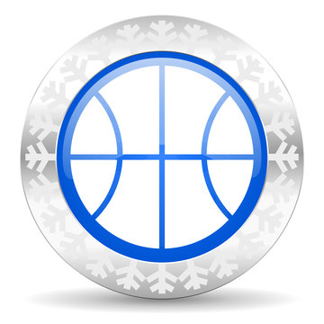 ball blue icon, christmas button, basketball sign
