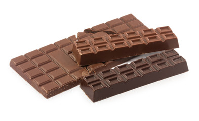 broken chocolate bar and two bars isolated on white background
