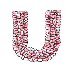 u lettera rubino rosso rosa gemme 3d, sfondo bianco