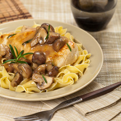 Chicken breast with Mushrooms and Pasta. Selective focus.