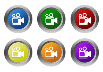 Set of rounded colorful buttons with camcorder symbol
