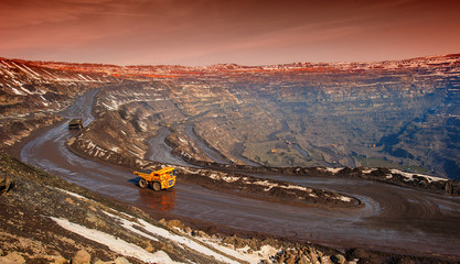 Truck in an Iron Ore Mine. Pit Ferric Horizon Open-pit Dump Geology Quarry Digger Road Web Banner