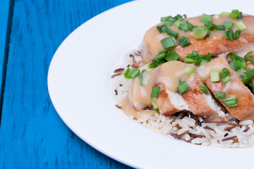 Chicken fillet served with miso sauce and rice