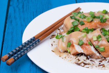 Chicken fillet served with miso sauce and rice