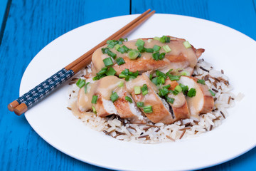 Chicken fillet served with miso sauce and rice