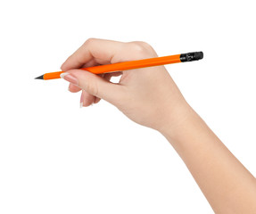 Hand with pencil writing something isolated on white background