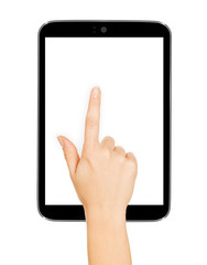 hands holding tablet pc with white screen