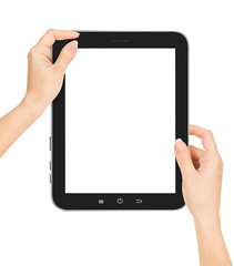 female hands holding a tablet touch computer gadget with isolate