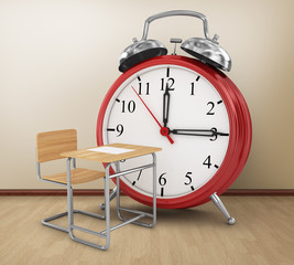 alarm clock with school desk. School time concept.