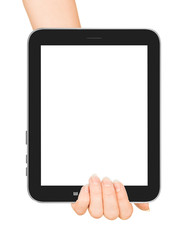 female hand using tablet pc with white screen, isolated