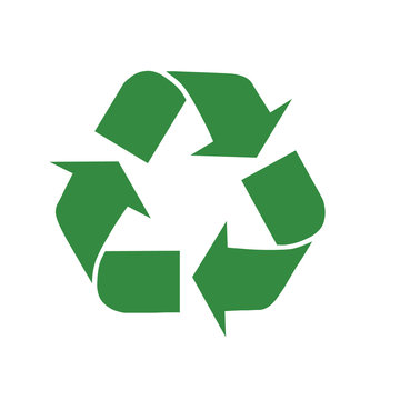 Green, shiny recycling symbol. White background