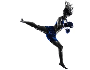Tableaux ronds sur plexiglas Anti-reflet Arts martiaux woman boxer boxing kickboxing silhouette isolated