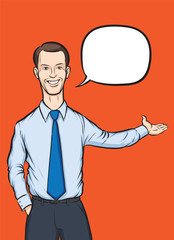 standing businessman with speech bubble