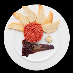 Tartare with toasts and chicory cooked in wine