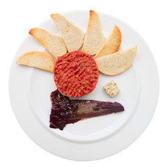 Tartare with toasts and chicory cooked in wine