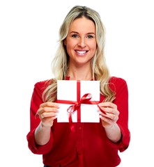 Happy Woman with  envelope gift.