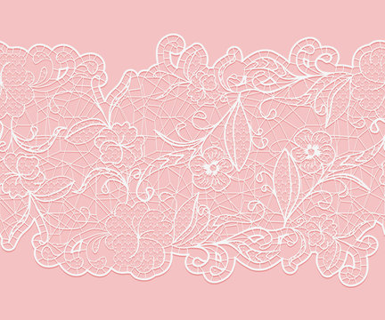 Delicate white seamless lace ribbon on a pink background.