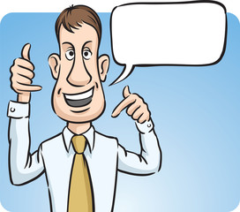 Businessman with speech bubble showing call me sign