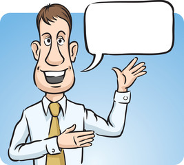 Businessman with speech bubble smiling and pointing