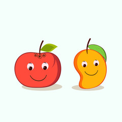 Smiling apple and mango fruit characters.