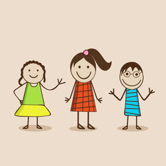 Cartoon of cute little girls in happy mood .