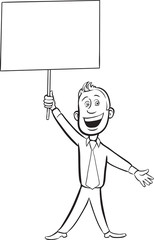 whiteboard drawing - cartoon cheerful businessman with blank pla