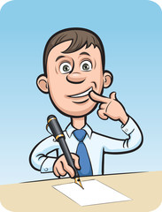 Cartoon surprised businessman writing a letter