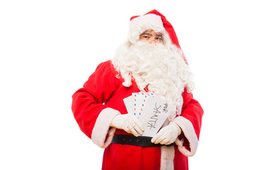 santa claus with letters isolated on white, with copy space