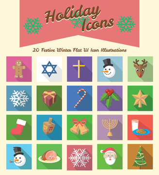 Winter Holiday Long Shadow Icon Illustrations