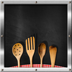 Empty Blackboard with Kitchen Utensils